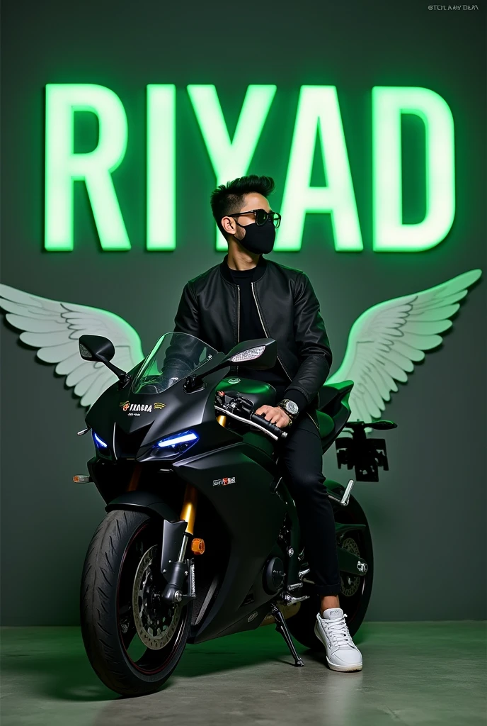 25-Year-old cute boy in a wearing a jacket Sitting
casually on a Yamaha R1M bike. Wearing sneakers,
with black mask, and sunglasses, he looks ahead.
The background features "RIYAD" in big and
capital green neon light fonts on the dark grey wall.
and there are wings to make it appear as if he is
an angel.