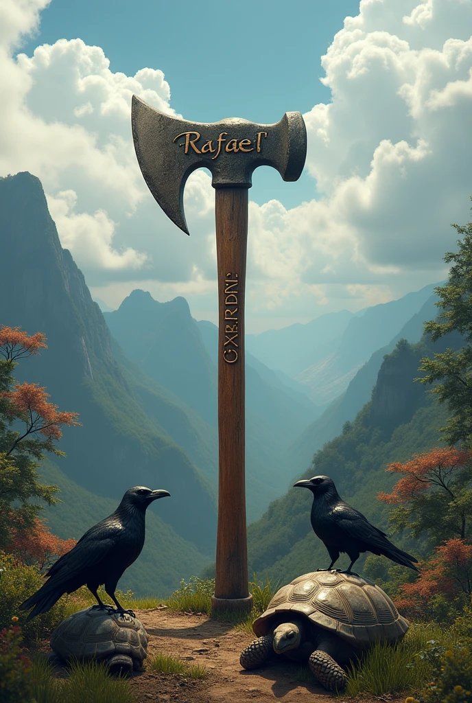 Imagem realista 4k ultra HD machado Name Rafael  cravado número 7 campo, moutain, clouds, tortoise, crow, Name Rafael 