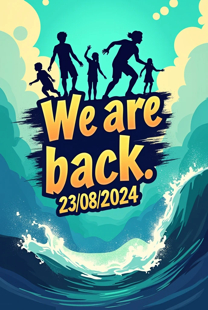 To create an image that represents the theme "We are back" with the date "23/08/2024" and a young and vibrant style, we can follow this detailed description:

1. **main subject**: The focus of the image should be the idea of return and renewal., with a touch of young and contemporary energy.

2. **texto**: 
   - Include the sentence "We are back" em uma fonte moderna e ousada, preferably in large, bold letters.
   - A data "23/08/2024" must be included prominently, maybe just below the main sentence, in a source that complements the first.

3. **Elementos visuais**:
   - **fund**: A background that resembles a beach or ocean waves, with shades of blue and green, evoking the idea of movement and freshness.
   - **Wave Charts**: Include stylized wave graphics that move across the image, giving a feeling of fluidity and dynamism.
   - **Young Elements**: Include silhouettes or figures of young people having fun, like surfers, people doing outdoor activities or interacting in a fun way.

4. **styled**:
   - Use a modern graphic style, perhaps with a touch of graffiti or digital art, that attracts a young audience.
   - Vibrant, contrasting colors to capture attention and convey a sense of excitement.

5. **format**: The image must be adaptable for use on social networks, proto, consider a square or rectangular shape, ideal for platforms like Instagram and Facebook.
