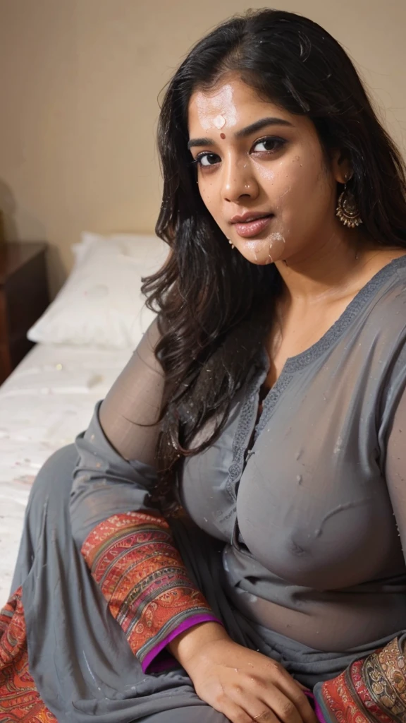  South Indian plus sized women, (cum Splash on her breasts and nipples, cum Splash on her gace, Splash of cum on her face, cum Splash on her blouse, cum Splash on her eys),