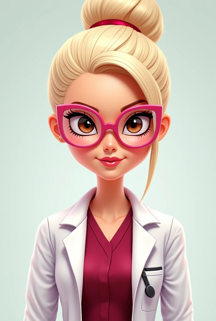 Barbie cartoon style, intimidating look, brown eyes ,round face ,female doctor with pearly blonde hair ,combed a bun with, White coat, a dark red medical pajama ,pink thin frame glasses ,