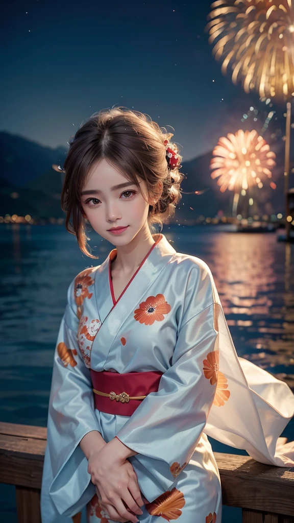 A realistic image of a girl watching a fireworks display at Miyajima
The girl is facing the camera
The sky is filled with colorful fireworks
Fireworks are reflected on the water's surface
The girl is wearing a traditional yukata with a goldfish pattern
Her hair is styled in an elegant updo
The aspect ratio is 9:16
The scene captures the festive atmosphere, with vibrant fireworks lighting up the night sky over the water