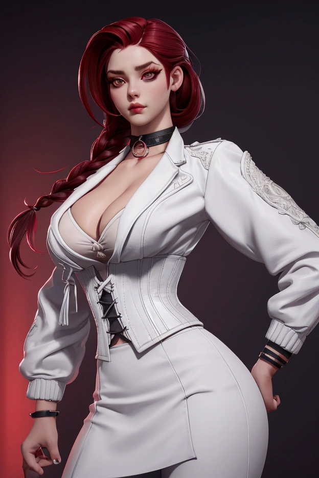 1girl, portrait of beautiful lobapex, athletic, white jacket, corset, skirt, pants, black hair, red hair, braids, makeup, choker, cleavage, wide hips, volumetric lighting, best quality, masterpiece, intricate details, tonemapping, sharp focus, hyper detailed, trending on Artstation, realistic