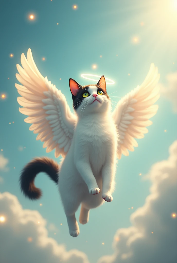 a white cat, black tail, He has a large black spot that runs from his forehead to the tip of his nose and he also has a black mole above the right side of his mouth., Saying goodbye entering heaven. The cat that has wings. His eyes are between green and yellow.