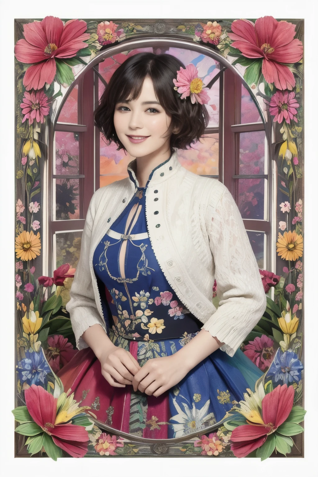 271 (20-year-old woman,short hair), (masterpiece, Highest quality, beautiful:1.2), Very detailed, (Fractal Art:1.1), (colorful:1.1), (flower:1.3), whole body, (Abstract background:1.3), (Many colors:1.4), (Old-fashioned smile), (window)
