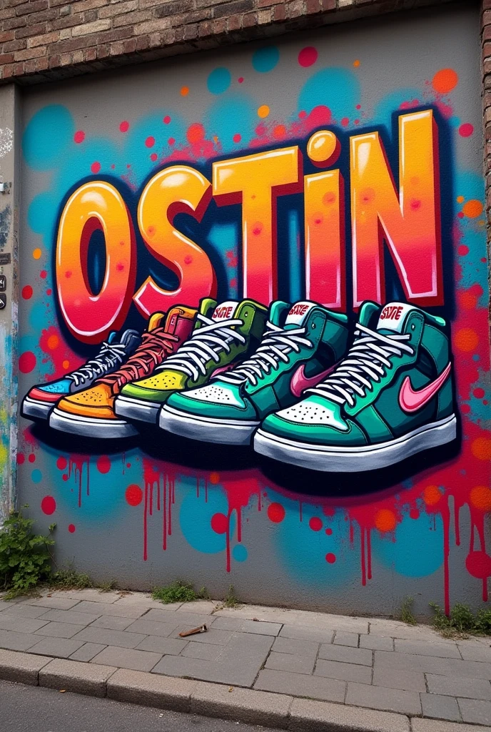 Crear graffiti que diga OSTIN SHOES y represente sneakers 
