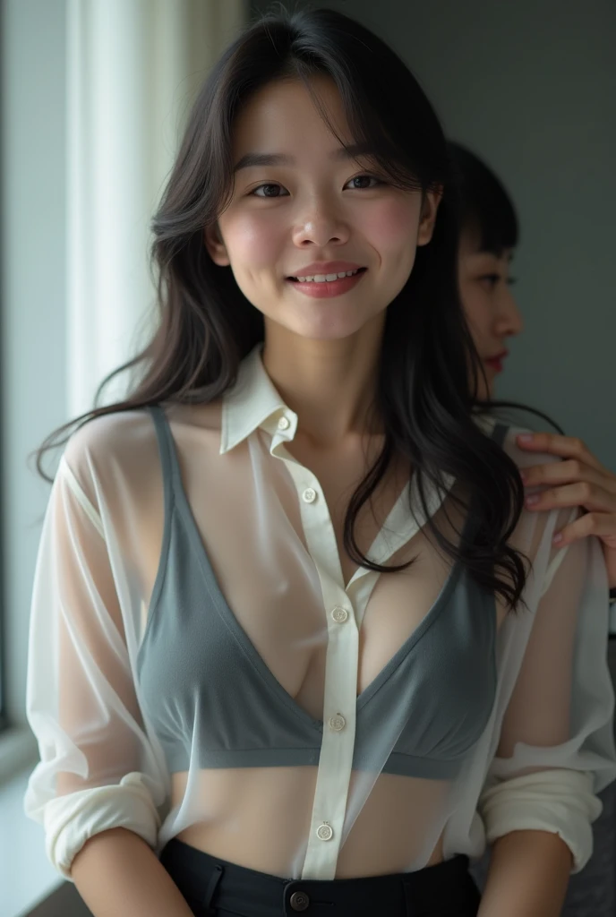 A beautiful Indonesian female artist with pure white skin, 23 years old who works as a secretary, standing wearing a transparent shirt with a low cleavage, so a black bra and wearing a short skirt, her face is clearly scared and detailed while being hugged from behind by her boss. Original photo. 8K HD.