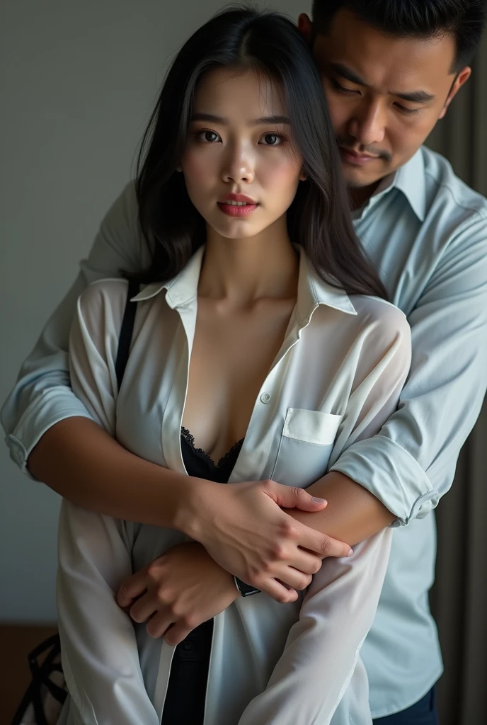 Beautiful Japanese Women、Beautiful Mature Woman、上品なsexyさ、sexy、Tight business shirt、panties、Sitting on the bed、smile、round face、Updo、Thighs、Man and two others、A woman is being hugged tenderly from behind by a man、