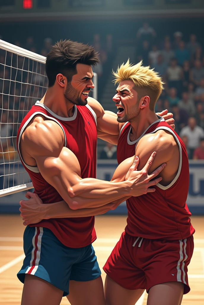 Male teammates fight in volleyball
