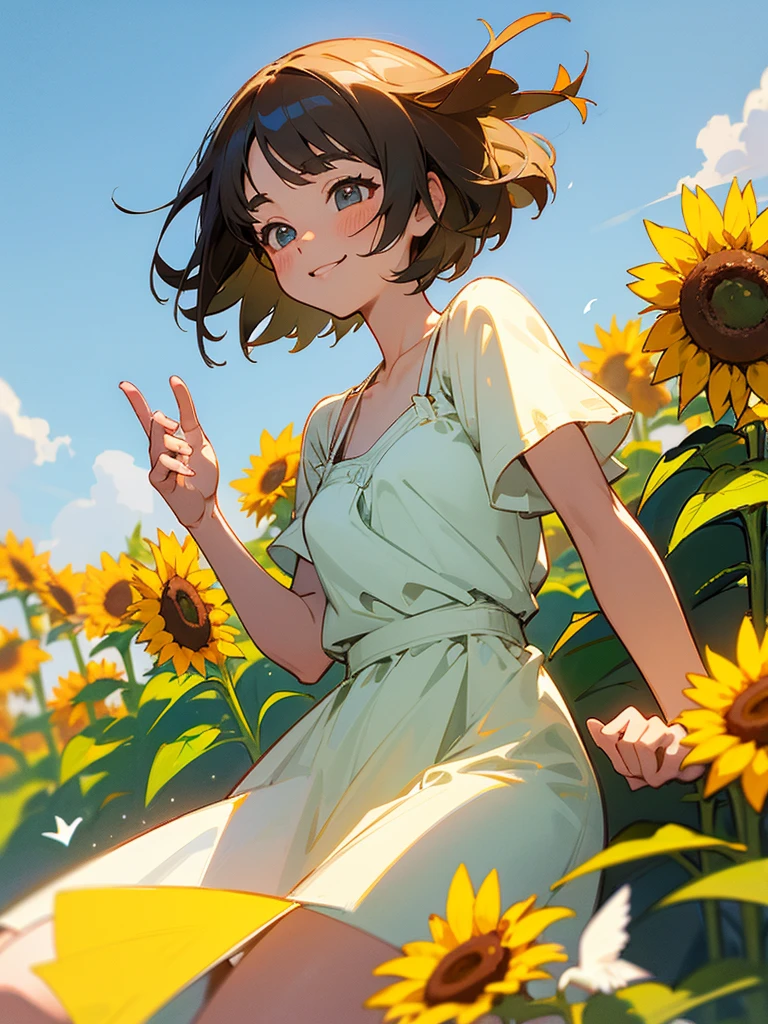 master piece, best quality, for below, cinematic angle, upper body , pigeon toed,
Anime-style Moe illustration, summer vacation theme, 20-year-old woman, sunflower field, short hair,
Picnic Maxi Dress, slightly inner thighs, smile, accurate drawing, Active pose, Active Angle,