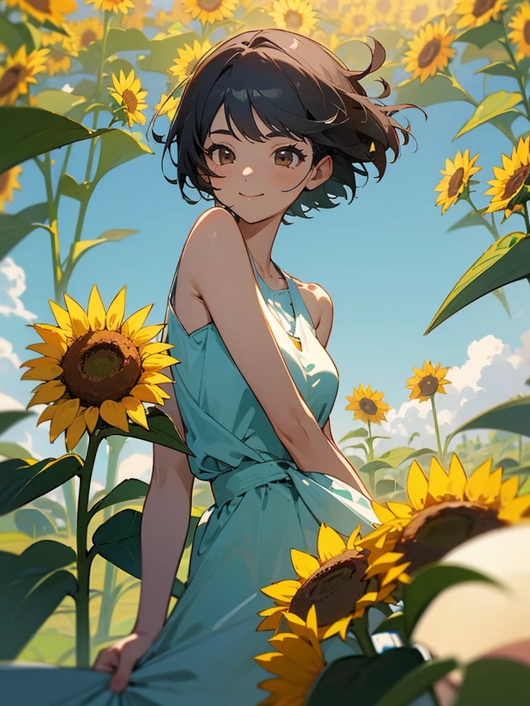  master piece, best quality, for below, cinematic angle, upper body , pigeon toed,  
Anime-style Moe illustration, summer vacation theme, 20-year-old woman, sunflower field, short hair, 
Picnic Maxi Dress, slightly inner thighs, smile, accurate drawing, Active pose, Active Angle, 