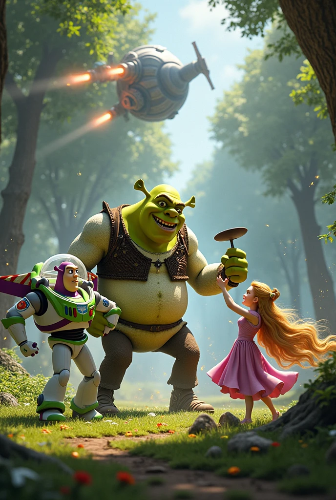 Shrek fighting with Buzz Lightyear and Rapunzel