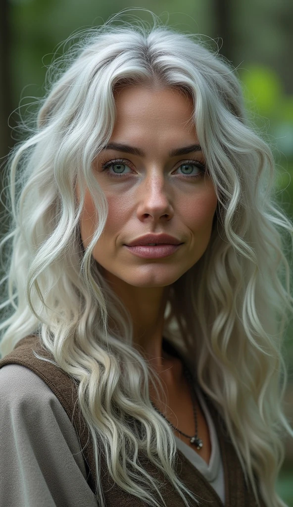 mature woman with silver hair, Norse goddess of nature, hair blonde, photorrealistic, ten mens, 真实感