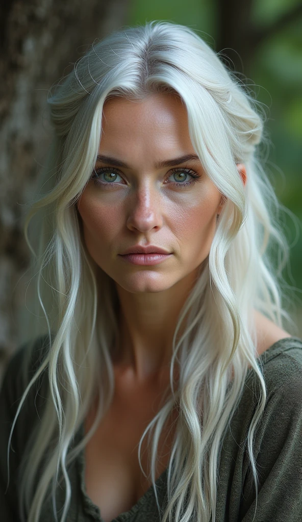 mature woman with silver hair, Norse goddess of nature, hair blonde, photorrealistic, ten mens, 真实感