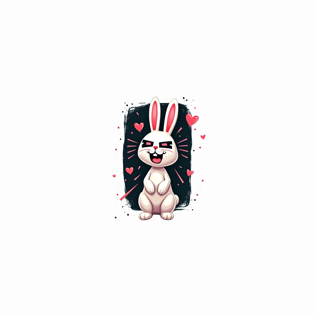 3D rabbit with tapes on eyes, Place a mischievous bunny character in the center of the composition on a textured, dark background. Surround the bunny with floating hearts and glitched lines, and integrate the text 'Bad Bunny' above the character in a bold, graffiti font