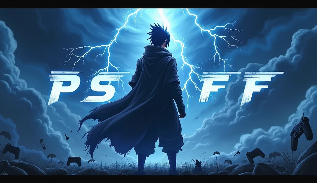 "Design a YouTube banner for a gaming channel called 'PS 777 FF'. The banner should feature a dark and intense theme with shades of blue and black, incorporating Sasuke from Naruto. The background should have stormy clouds, lightning, and gaming elements. The text 'PS 777 FF' should be bold and futuristic, standing out against the dramatic background."