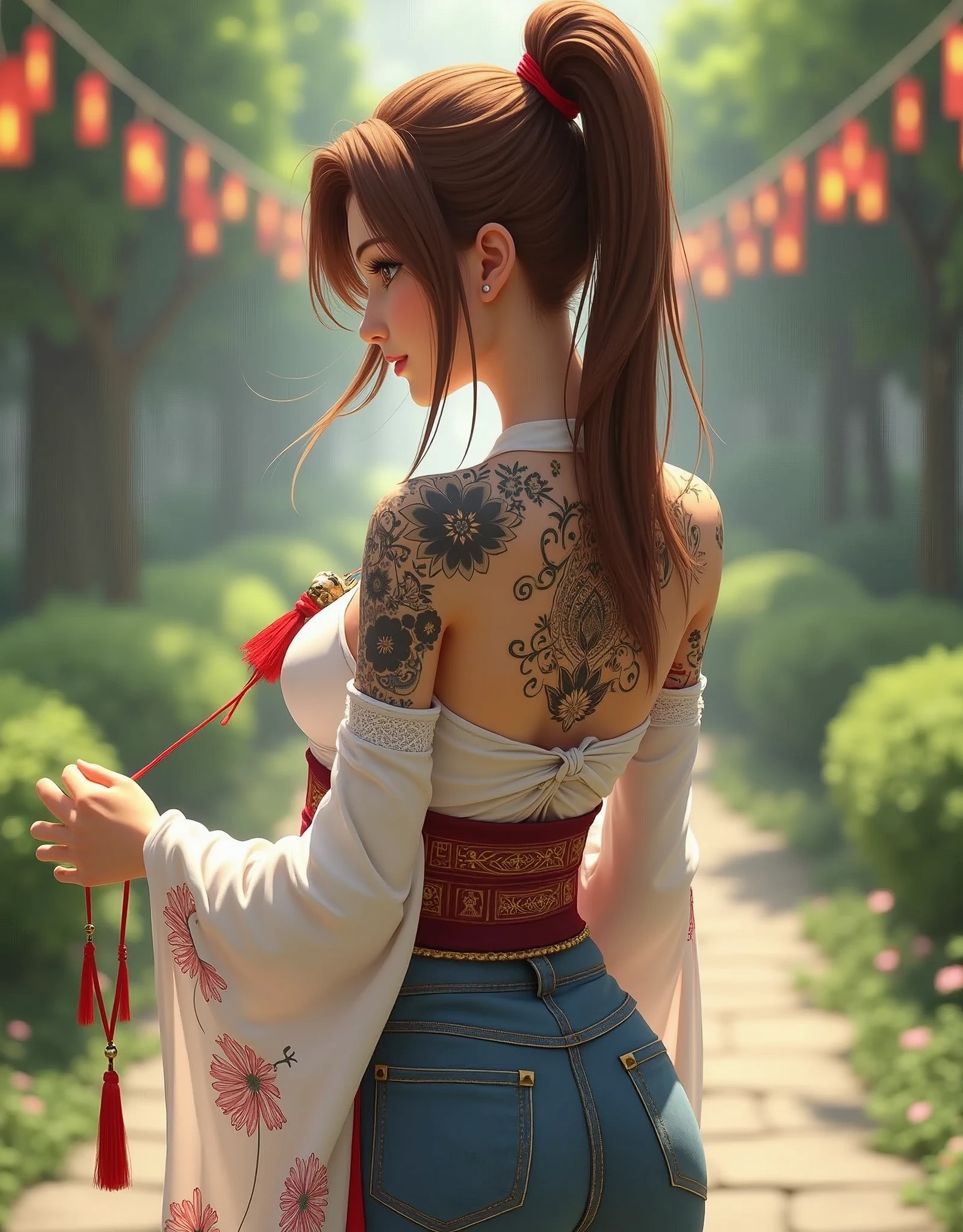 Final fantasy (Yuna) Anime girl with brown hair and a white kimono dress holding her necklace, beautiful character painting, soft anime CG art, realistic anime art style, beautiful anime portrait, beautiful anime woman, photorealistic anime girl rendering, Makoto Shinkai and Artgerm, realistic 3D anime style, anime realism style, Anime Style Digital Art, Beautiful Anime Girl A unparalleled beautiful young woman from behind showing her beautiful black intricate tattoo intricate tattoo design, only her back is visible, detailed background, grabbing colorful hanging fabrics, HDR, jeans pants, very detailed and sharp, insane professional photorealistic, skin delicate, perfect lighting, dramatic composition, elegant pose, stunning background, insane cinematic atmosphere, ((back view)), ((full body)), magnificent scene, detailed environment, highly detailed environment deep path Equirectangular garden nature, insane (((insane UnrealEngine5,top Masterpiece,ultra highdef, insane Professional Photorealistic,optimal ultra sharp-focus,max,ultra high-quality,opengl-shaders,symmetrical,ultra high-details,accurate reflex,ultra highres, perfection volumetric,Cinematic_Sunlight,improved Octane_render,XT3,DSLR,3dcg shadow, analogiques, extatiques, high saturate, reflection))),dazzling Will-o'-the-wisp,global luminescence, --v 6 --s 1000 --c 20 --q 500 --chaos 100