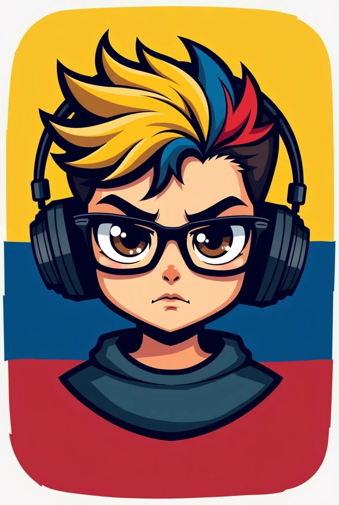 Create me a logo where the mascot is a boy with a serious expression, Behind him the flag of Colombia, Brown eyes, yellow blue and red hair, black headphones, black glasses and underneath have the letters "tusy"