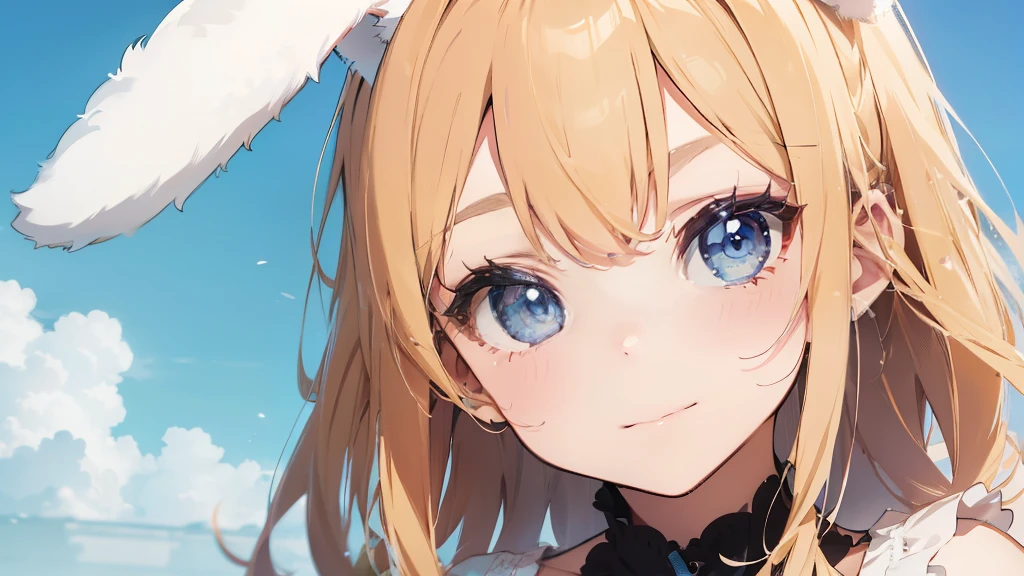 Highest quality, pretty girl, pastel colour, Fluffy bunny ears, Golden Hair,Blue colored eyes,Background is solid color,pop、colorful,wallpaper style