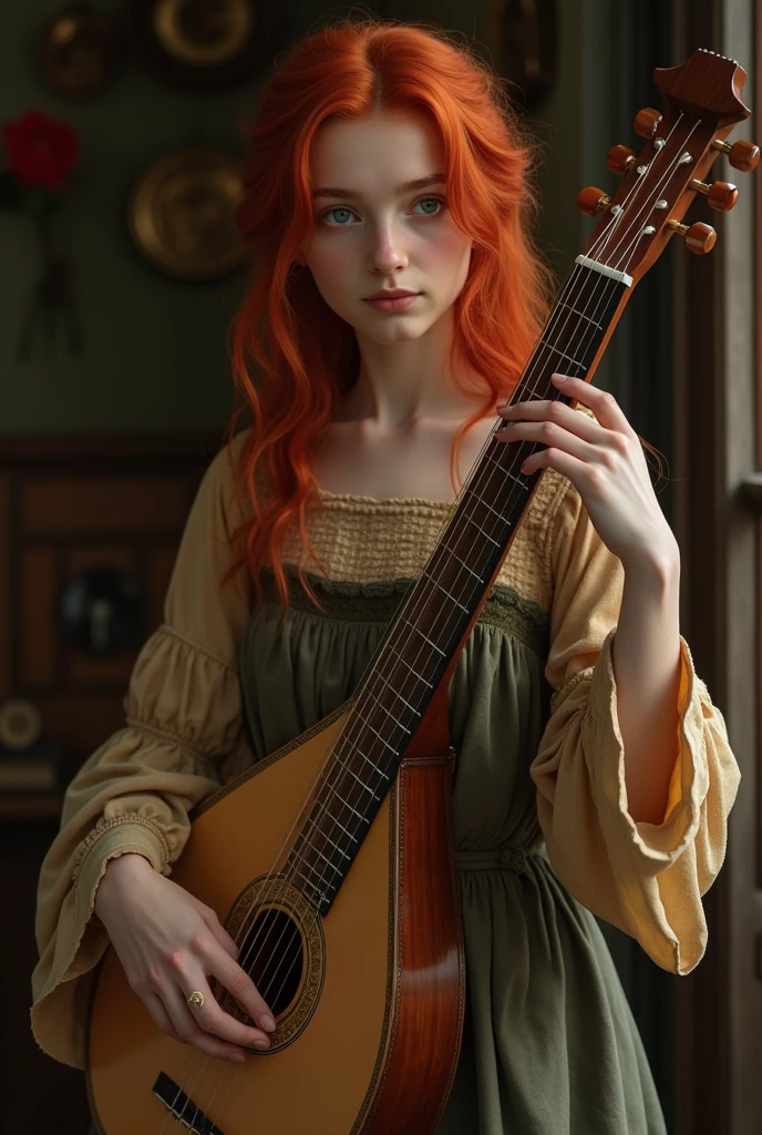 the same redhead girl , but now playing a lute