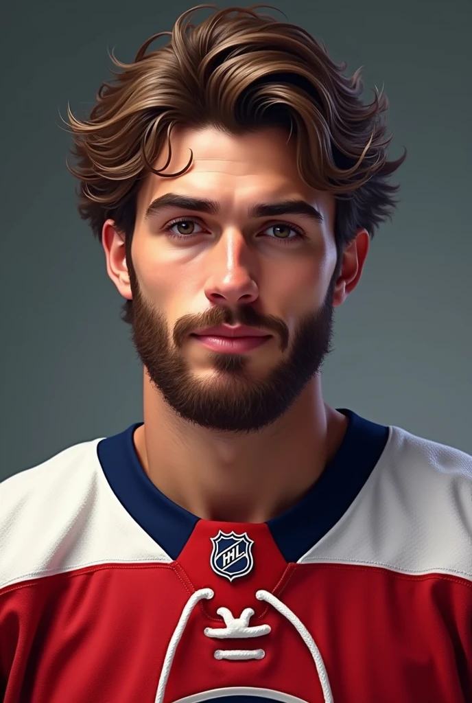 A hockey player man, around 20 years old, Of medium height, broad shoulders and defined muscles that are marked by the shirt. Even with a beard, I can see the square jaw, brown dark eyes, dimples and well-defined cheekbones, features similar to actor Conor Kit, brown hair and thick eyebrows, younger look, slightly wavy hair and cut like actor Kit Connor, nice and friendly face