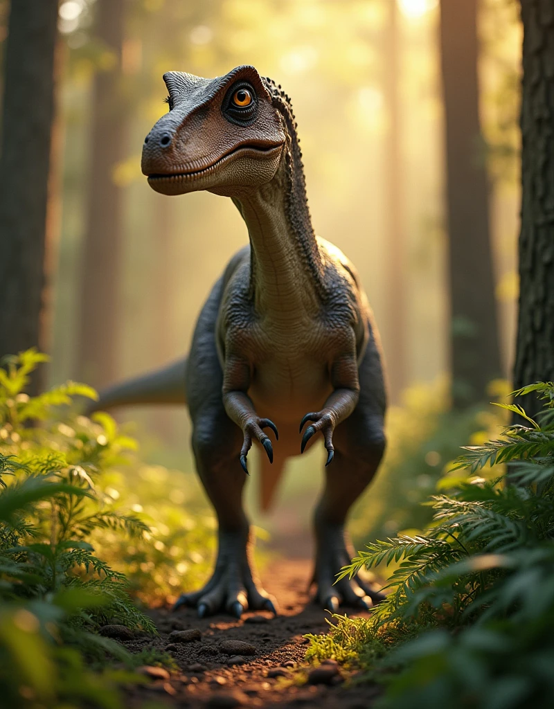 Dinosaur HDR Max Create AI 8k,古代ジャングルの中を行くvelociraptor,dynamic,Accurate characteristics based on the latest paleontological research,velociraptor,Slim, feathered body and sharp claws,The concentrated gaze of a predator,Dense ferns and tall cypresses,The background is an amber-colored haze.,,Quick Movement