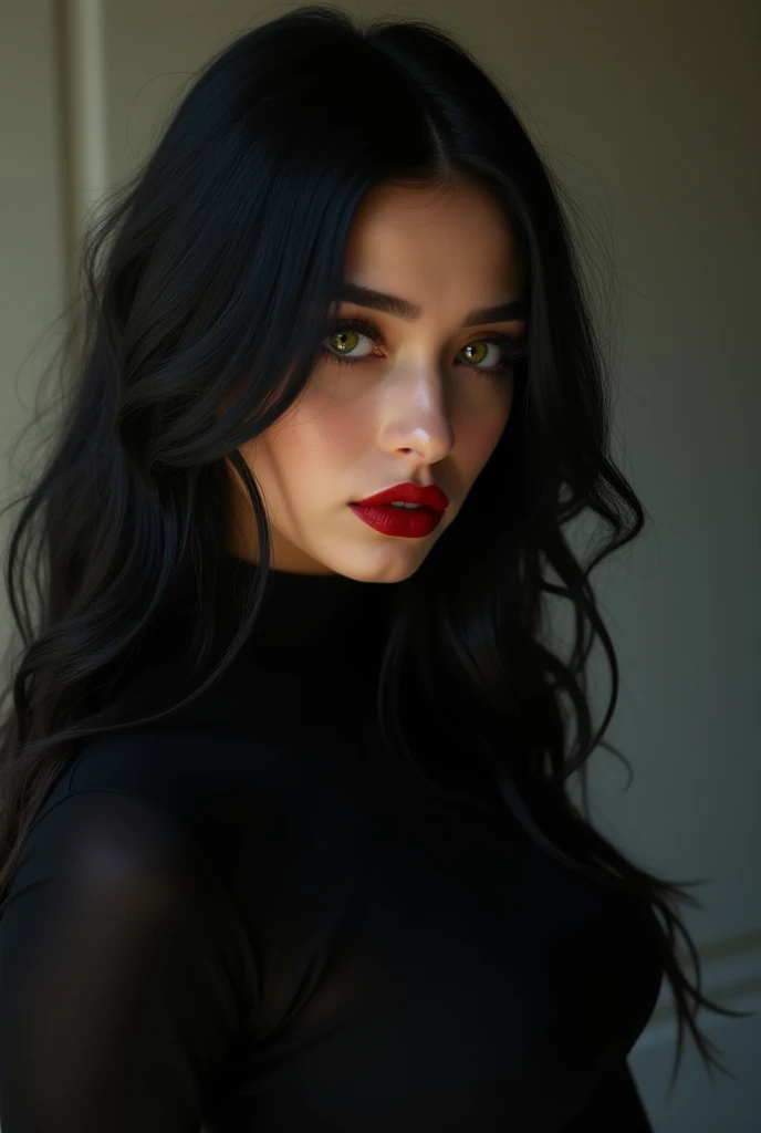 dark lady! beautiful woman in black clothes! {{big boobies}}yellow eyes, Bblack hair, red lipgloss stick!