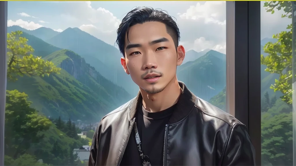 there is a man standing in front of a window with a mountain view, handsome chad chin, joe taslim, wonbin lee, yanjun chengt, ryan jia, inspired by Victor Wang, hsiao-ron, south korean male, korean artist, jonny wan, glossy from rain, siwoo kim, inspired by Zhou Chen, inspired by Yang Borun