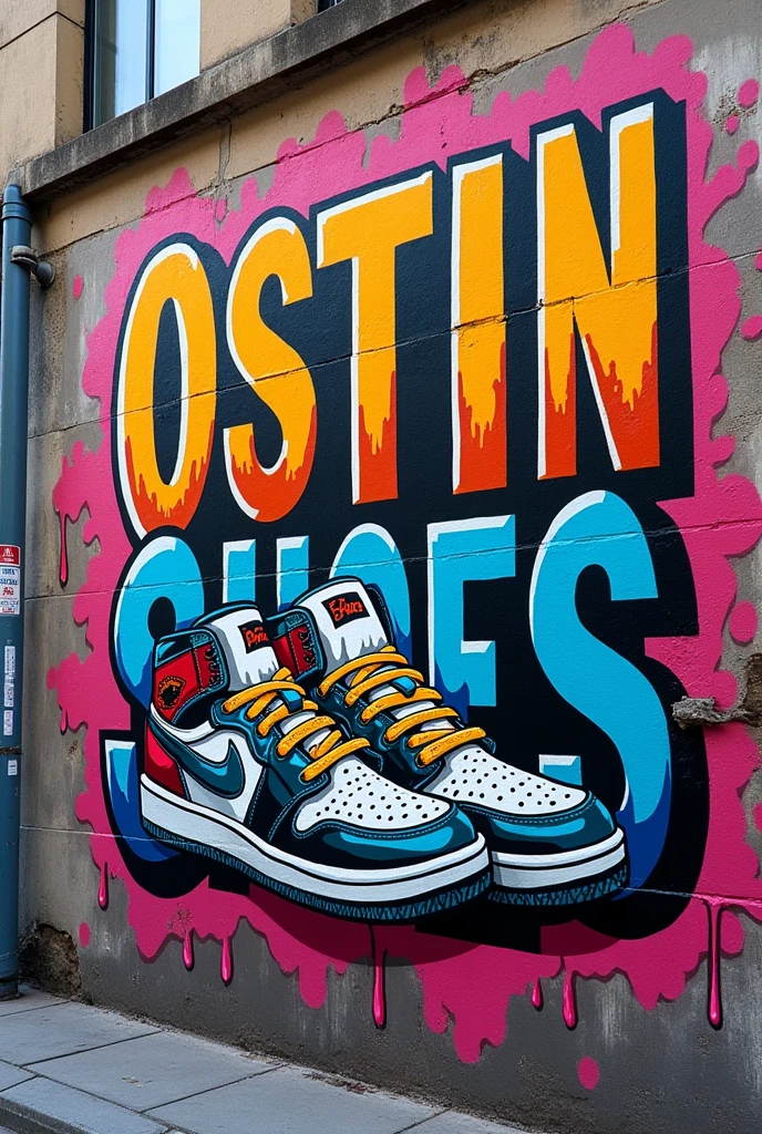 Crear graffiti que diga OSTIN SHOES y represente sneakers