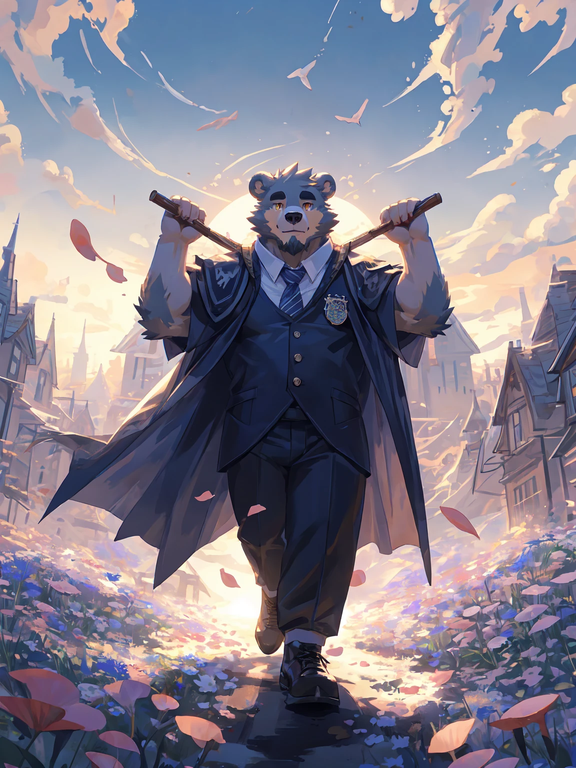 ultra-detailed,extremely detailed and beautiful, sky and white cloud and sunset glow background,ultra-detailed birds, (floating city in bloom, Floating petals, blooming gardens in the sky, many vines on the wall:1.2),Imagination,(masterpiece:1.2), best quality,pixiv,official art,perfect anatomy, (Ray tracing, light),solo, (1_male:1.3) , (muscle), (grey fur:1.4), (muscle bear), (beard:1.2), (gleaming golden eyes), bear tail, full body, Thick black eyebrows, Harry potter style,WIZARDRY UNIFORM,HOGWARTS,cloak,cardigan,white shirt,blue tie,pants,leather shoes,full body,(pure white background: 1.3), looking at viewer