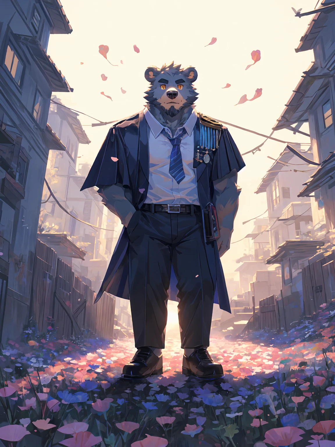 ultra-detailed,extremely detailed and beautiful, sky and white cloud and sunset glow background,ultra-detailed birds, (floating city in bloom, Floating petals, blooming gardens in the sky, many vines on the wall:1.2),Imagination,(masterpiece:1.2), best quality,pixiv,official art,perfect anatomy, (Ray tracing, light),solo, (1_male:1.3) , (muscle), (grey fur:1.4), (muscle bear), (beard:1.2), (gleaming golden eyes), bear tail, full body, Thick black eyebrows, Harry potter style,WIZARDRY UNIFORM,HOGWARTS,cloak,cardigan,white shirt,blue tie,pants,leather shoes,full body,(pure white background: 1.3), looking at viewer
