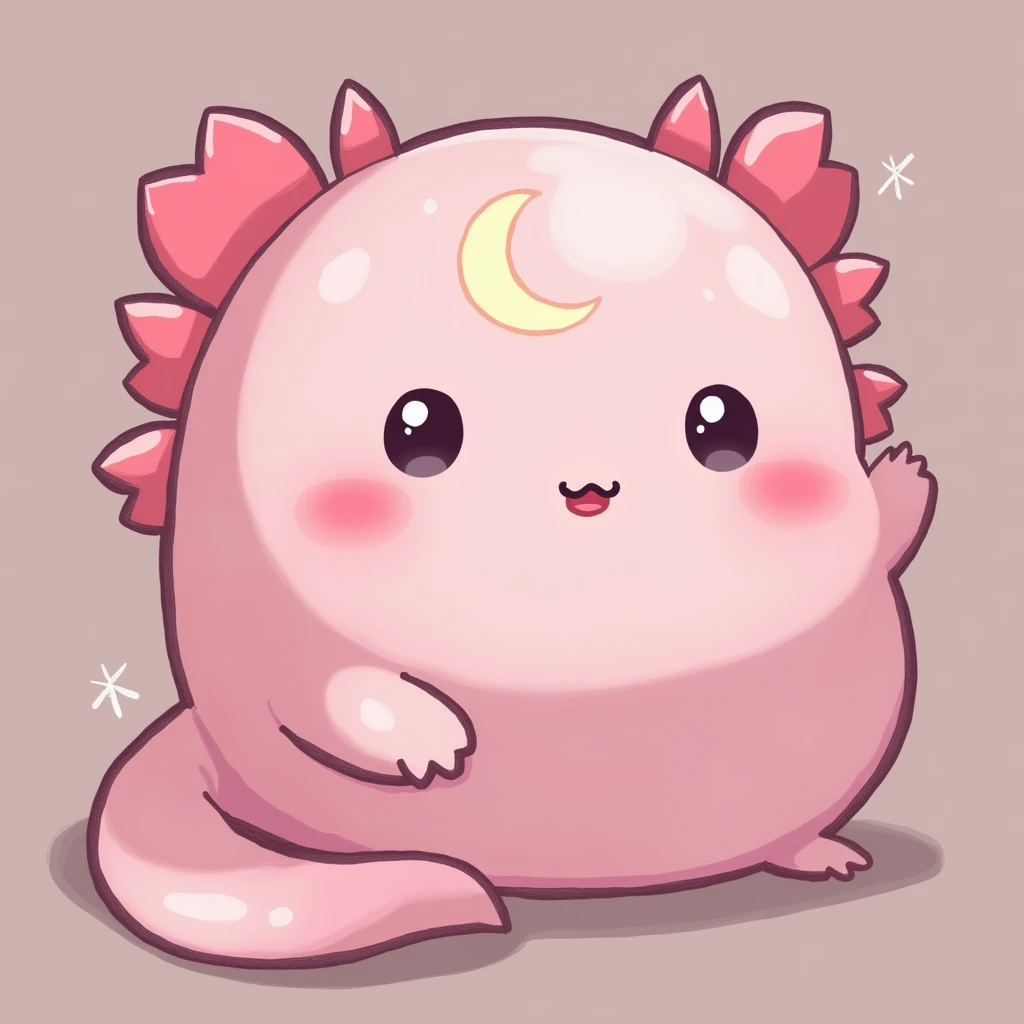 Kawaii pink axolotl with a crescent moon on its forehead . in high resolution