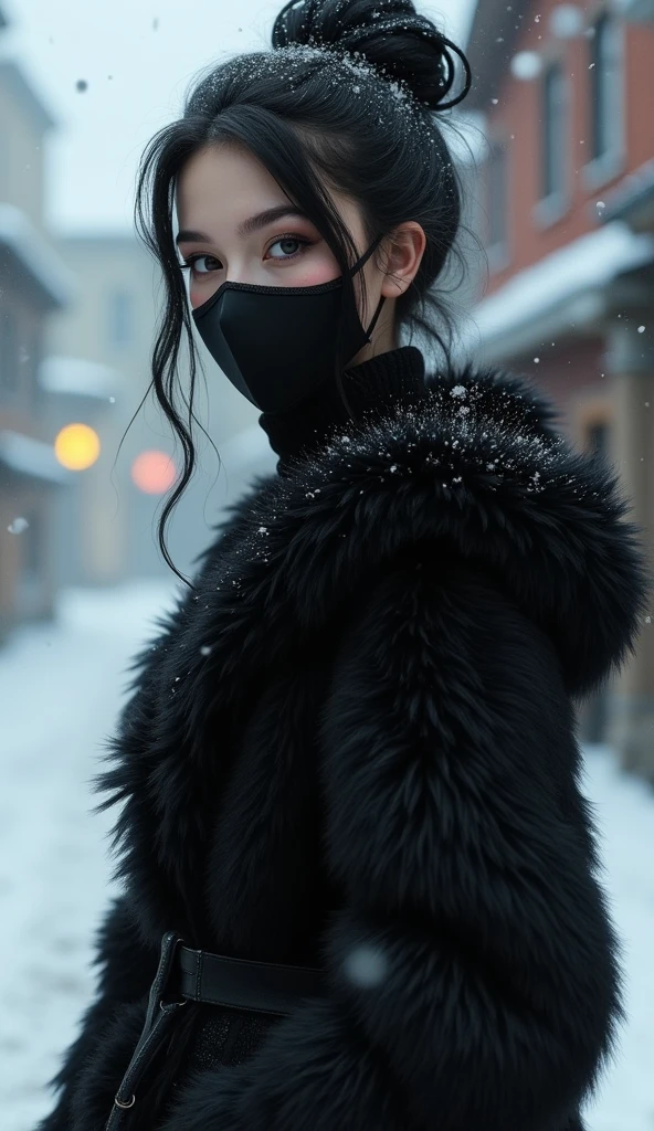 (Extremely detailed CG:1.2), (Masterpiece:1.2), (The best quality:1.2),,((absurdities)),looking at the viewer,whole body,,(1girl),only, slavic girl,  in black medical mask,  (black hair),in Italy village, messy bun hairstyle, seductive,  snowy winter, snowfall,  traveling wearing 
black fur clothes ,Dynamic Angle,Standing,dynamic pose,((Delicate facial features)),(black eyes)