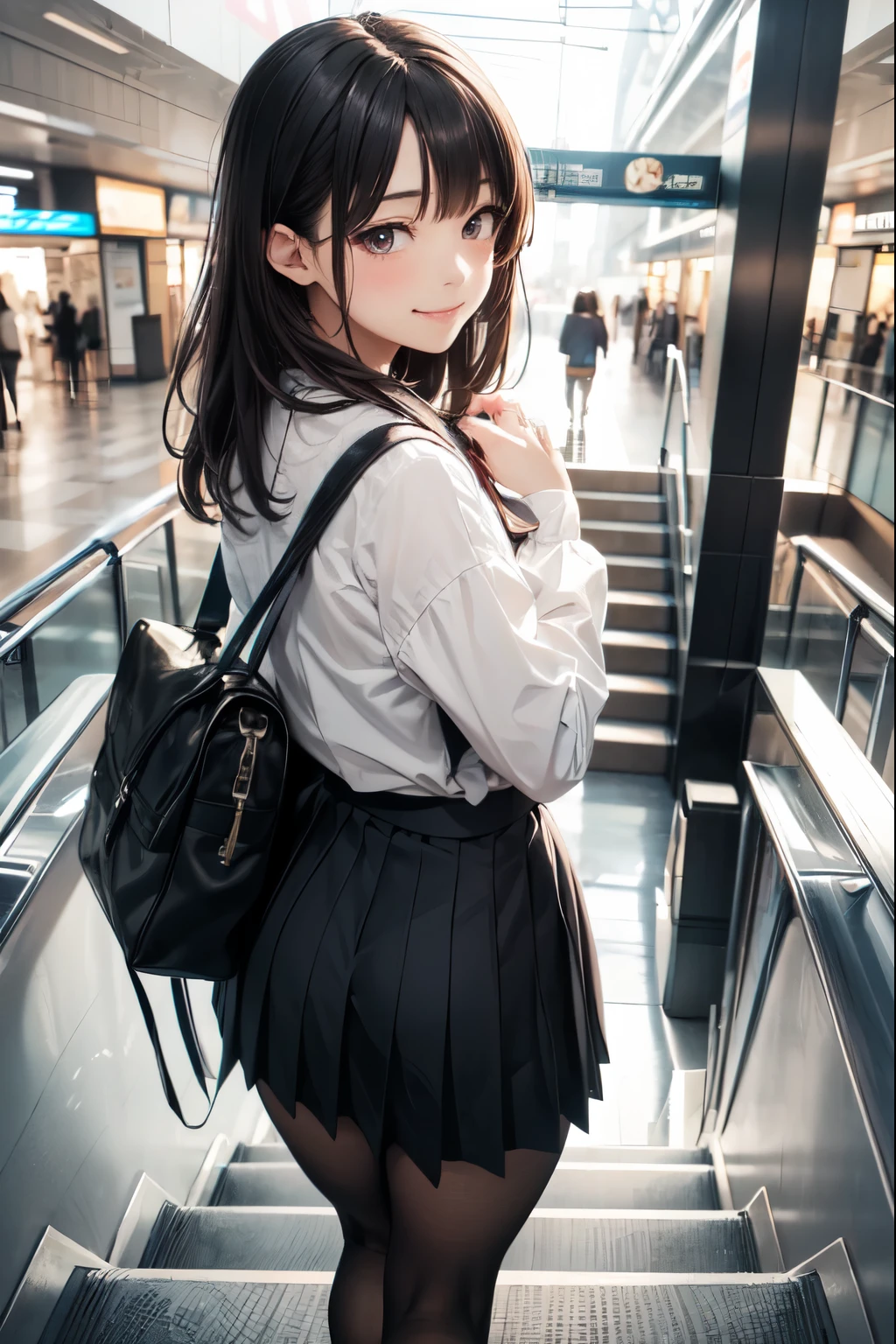 very cute and beautiful girl,(highly detailed beautiful face and eyes),(shy smile:1.2),blush,looking at viewer,
black hair,serafuku,(pleated navyblue mini skirt),standing,exposing thighs,holding school bag,
(looking back,from behind),(ascending escalator,from below:1.2),station,building,
(best quality,masterpiece),absurdres,highres,ultra-detailed,extremely detailed,32k,8k resolution,
intricate details,cinematic scene,detailed background,solo,dynamic angle,