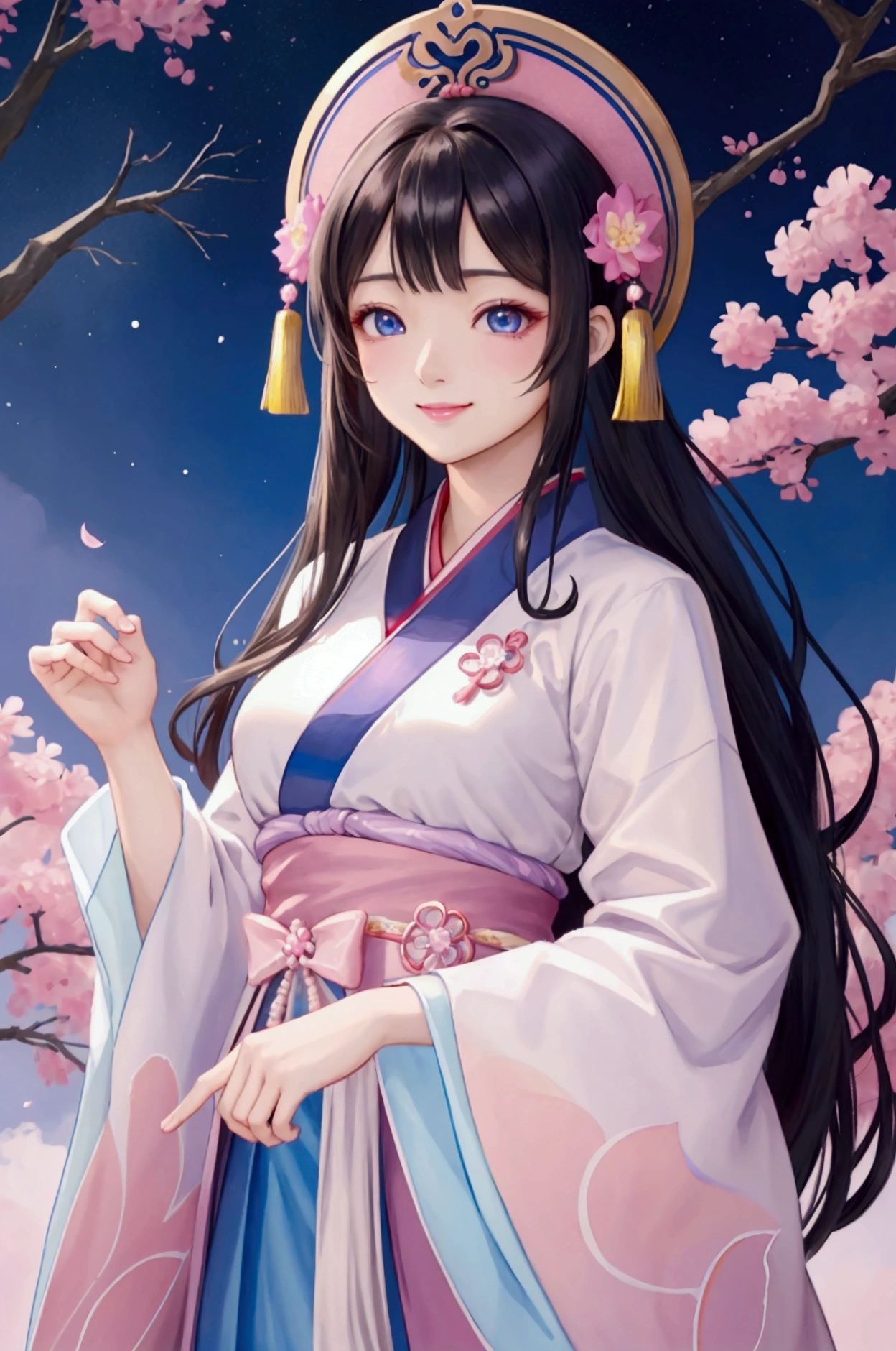 (Highest quality、 8k 、masterpiece、High resolution)、(Chinese Drama、Changgexing、Li Changge、Dililaba)、Tang Dynasty、Changan、1 Female、Beautiful young person、blue eyes、Pretty lips、Hairpin、gem、decoration、(Noble Princess)、(Anime Beauty)、(Anime Art)、Smiling and posing happily、Bright atmosphere、Light colored long hair、Light pink Hanfu、古いChanganの街並み、Official Art、Detailed CG、