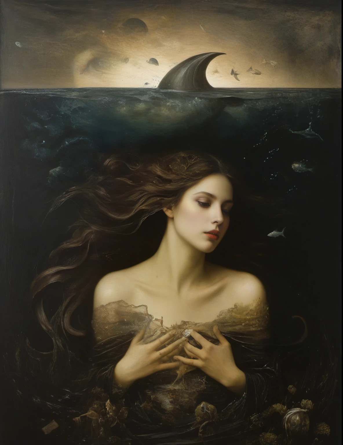 James Gurney, Surrealist art, dreamlike, mysterious, provocative, Symbolic, complex, detailed, (Gothic but very beautiful.:1.4), (masterpiece, top quality:1.4) , Nicola Samori style, Goddess-like mermaid