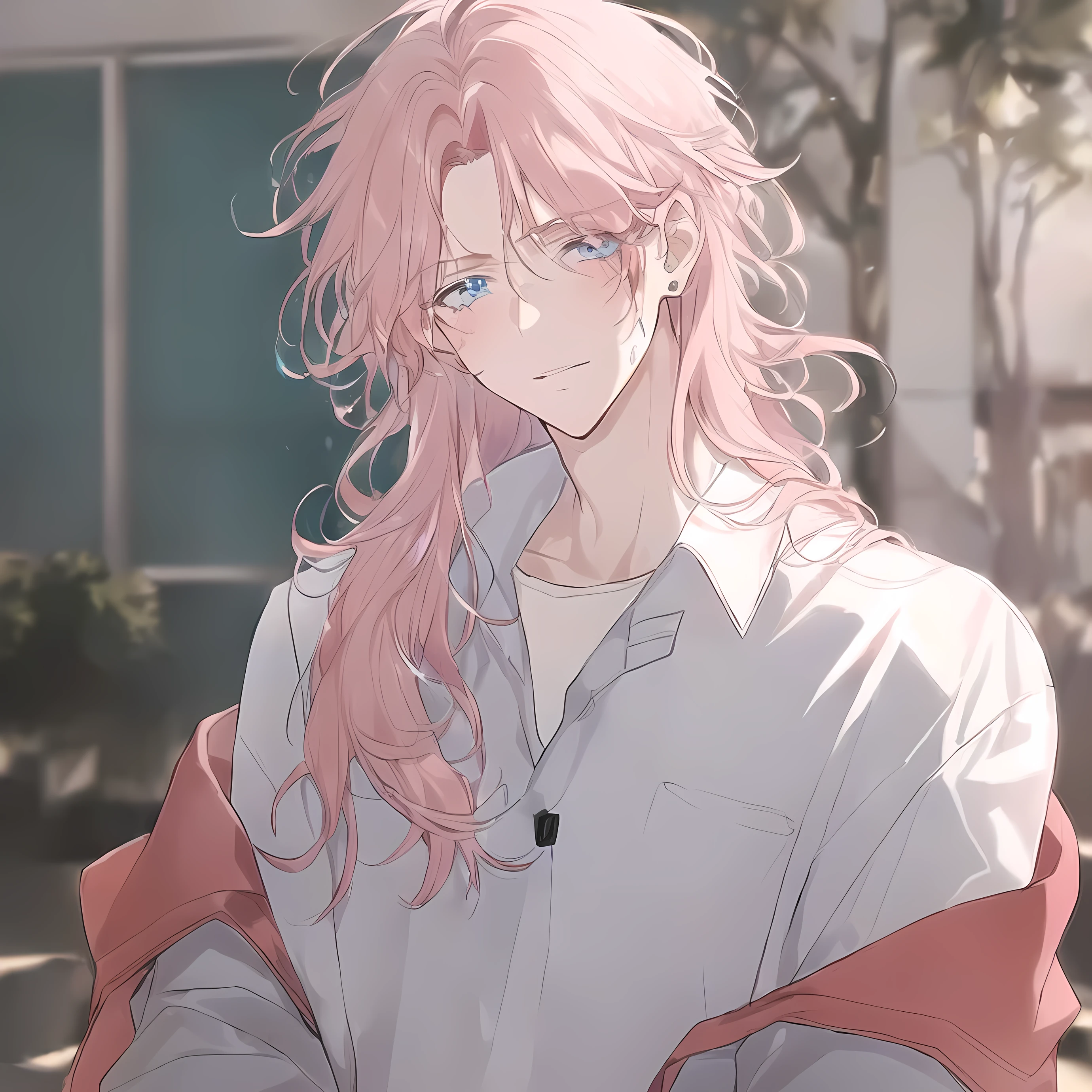man with pink hair and a white shirt, beautiful androgynous man, handsome guy with long pink hair, lazy facial expression, tall anime guy with blue eyes, anime handsome man, with pink hair, male anime character, Absurdres masterpiece HDR high quality picture of Handsome boy , handsome face, detailed face, light pink hair , long hair, ((messy cut hair style:1 )) , sky blue eyes , light skin , ((muscular:1)),masculine ,age 20 , lazy facial expression, lying in bed, beautiful background, masterpiece scenery, perfect hands, perfect eyes