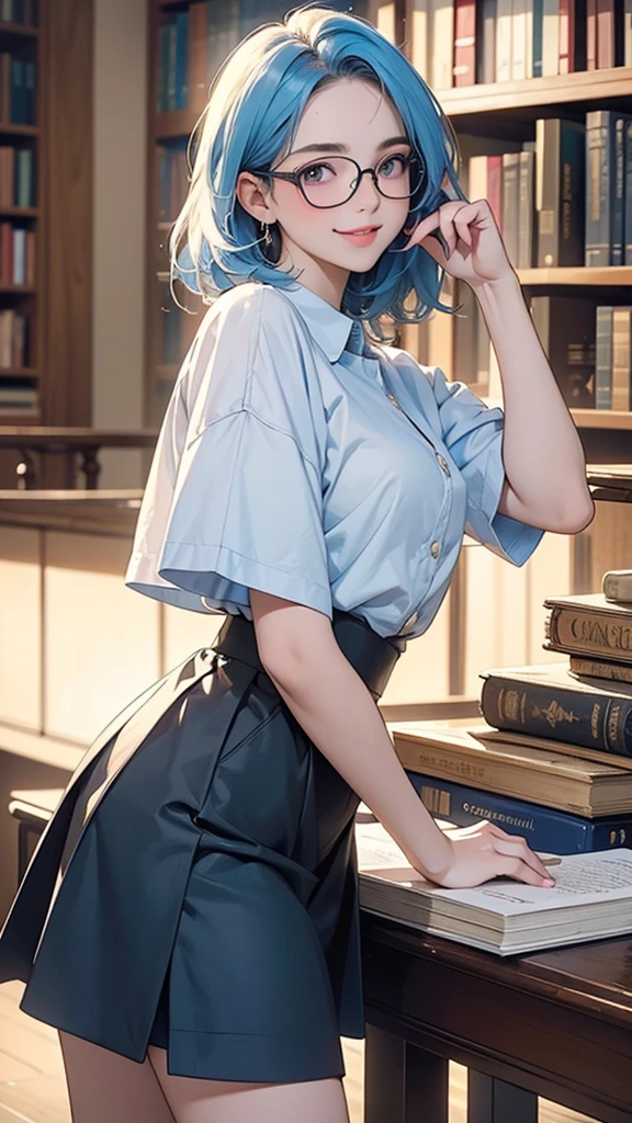 One Girl(High resolution, masterpiece, accurate, Anatomically correct), ((intellectual、Wearing glasses、Standing at an angle, one index finger touching his glasses and the other hand holding a book at his side、A little smile))、(Two-tone golden and light blue hair、Pink eyes)、(Short sleeve white shirt and tight black skirt)((Old Library))Highest quality, Ultra high definition, High-resolution model, 
