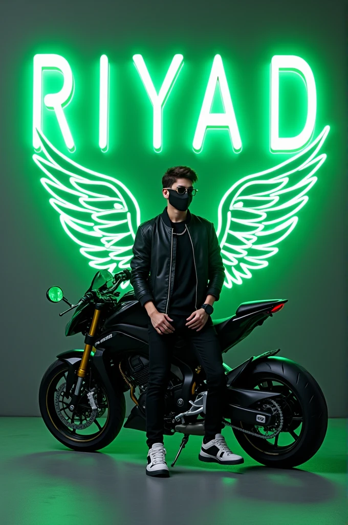 20-Year-old cute boy in a wearing a jacket Sitting
casually on a Yamaha R1M bike. Wearing sneakers,
with black mask, and sunglasses, he looks ahead.
The background features "RIYAD" in big and
capital green neon light fonts on the dark grey wall.
and there are wings to make it appear as if he is
an angel.
