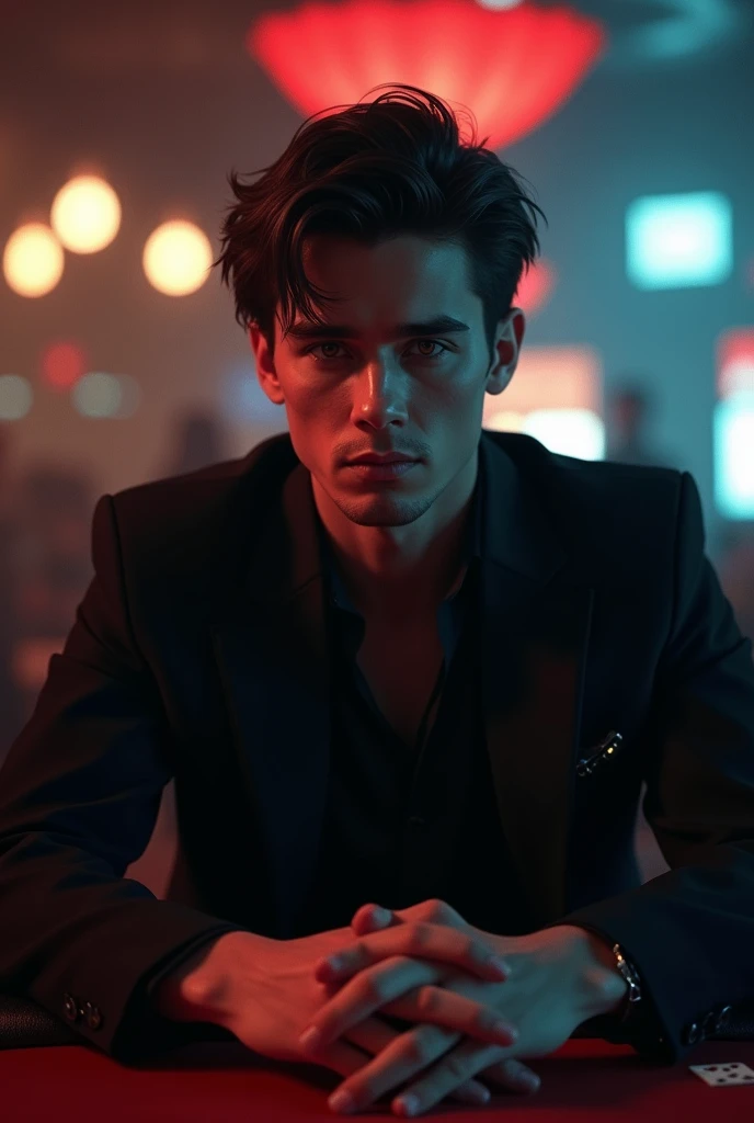 A young man between 27 and 30 years old with a serious, slightly malevolent look that shows power, sitting in a very dark casino