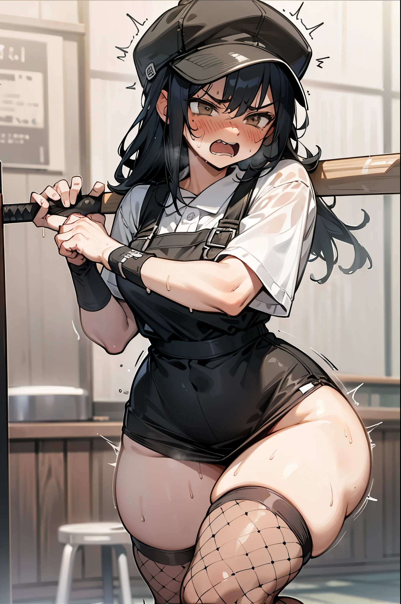 (masterpiece, best quality) (((8K best quality))), ((Intricate details)) ((blush)),wet, Sweating, White skin, Baseball cap, Freckles, ((Akimbo，Angry expression)),, NSFW clothing, ((With a baseball bat)), Short skirt, ,, beautiful clothes, Perspective material, student, Strike a pose, , Thick thighs, wet clothes, See through clothes, stocking, ((( Thin waist))),  cute blush face, 