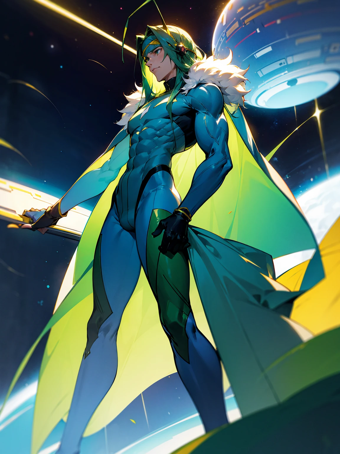 1male, green skin, antennae, long blue hair, headband, super suit, oversized fur coat, serious, muscular, four arms, standing in space ship