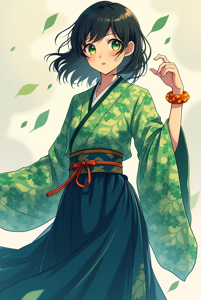 Green leaf patterned Kariyushi wear, shoulder length black hair, green and light blue gradient eyes, orange firefly glass bracelet on her right hand, navy blue long skirt with wave pattern