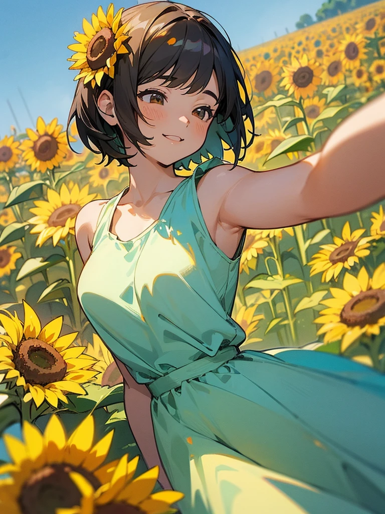 master piece, best quality, for below, cinematic angle, upper body , pigeon toed,
Anime-style Moe illustration, summer vacation theme, 20-year-old woman, sunflower field, short hair,
Picnic Maxi Dress, slightly inner thighs, smile, accurate drawing, Active pose, Active Angle,
