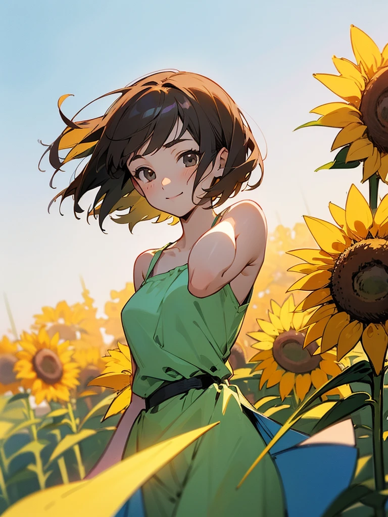 master piece, best quality, for below, cinematic angle, upper body , pigeon toed,
Anime-style Moe illustration, summer vacation theme, 20-year-old woman, sunflower field, short hair,
Picnic Maxi Dress, slightly inner thighs, smile, accurate drawing, Active pose, Active Angle,