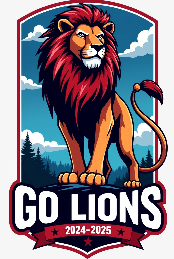 make a logo for seniors. we are Seniors 2024-2025. keep it pg. pur school mascot is the lion and our school colors are blue, white and red. if you can add a phrase make it say "Go Lions!" 