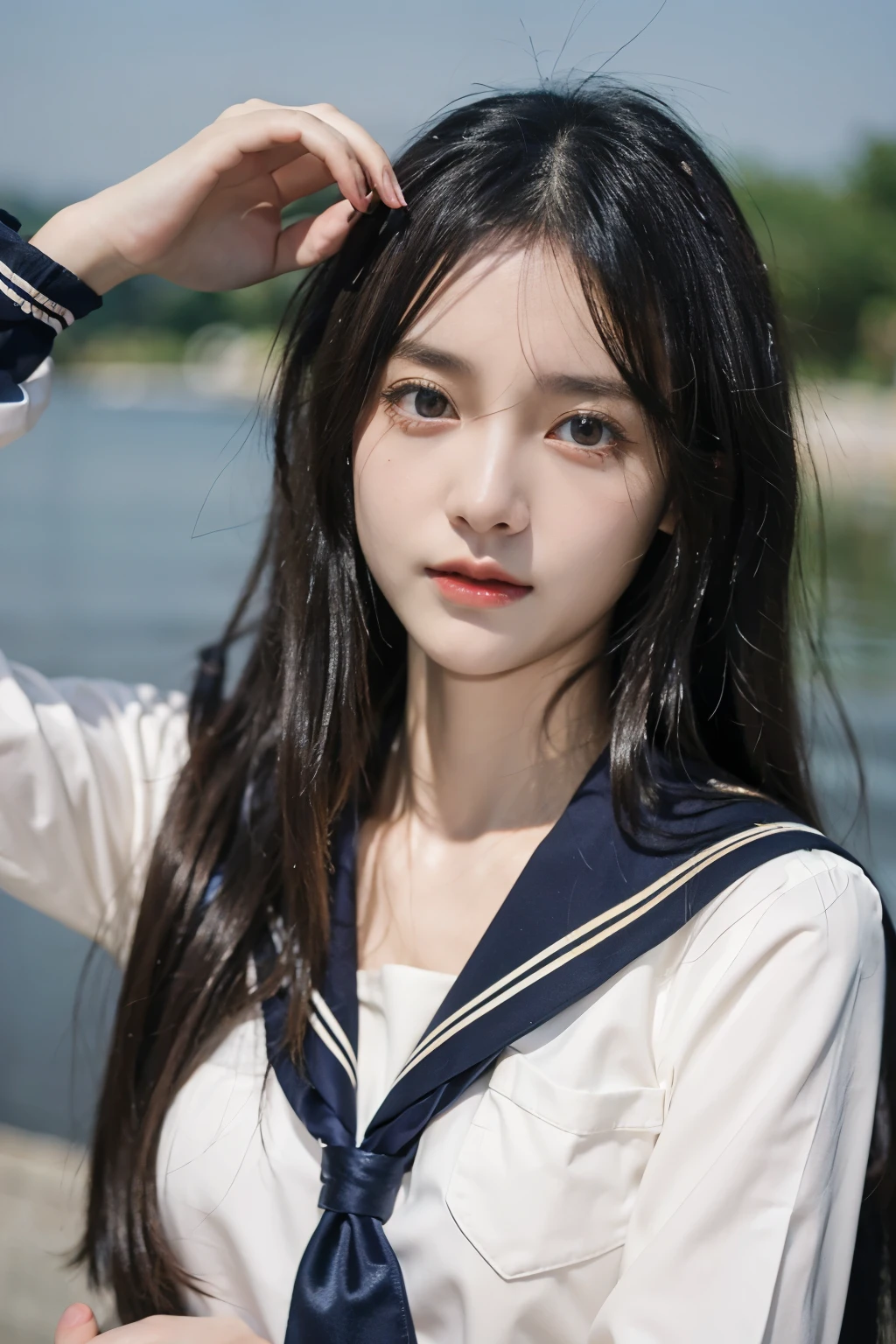 ((masterpiece)), ((best quality)), ((ultra-detailed)),((hyperrealistic)),(japanese cute girl),(shiny skin),1girl,(forehead),black hair,long hair,(black big eyes,tareme,droopy eyes),(slenderbody,small breasts),15 years old,dynamic angle,(Sailor Uniform,),arms behind head,