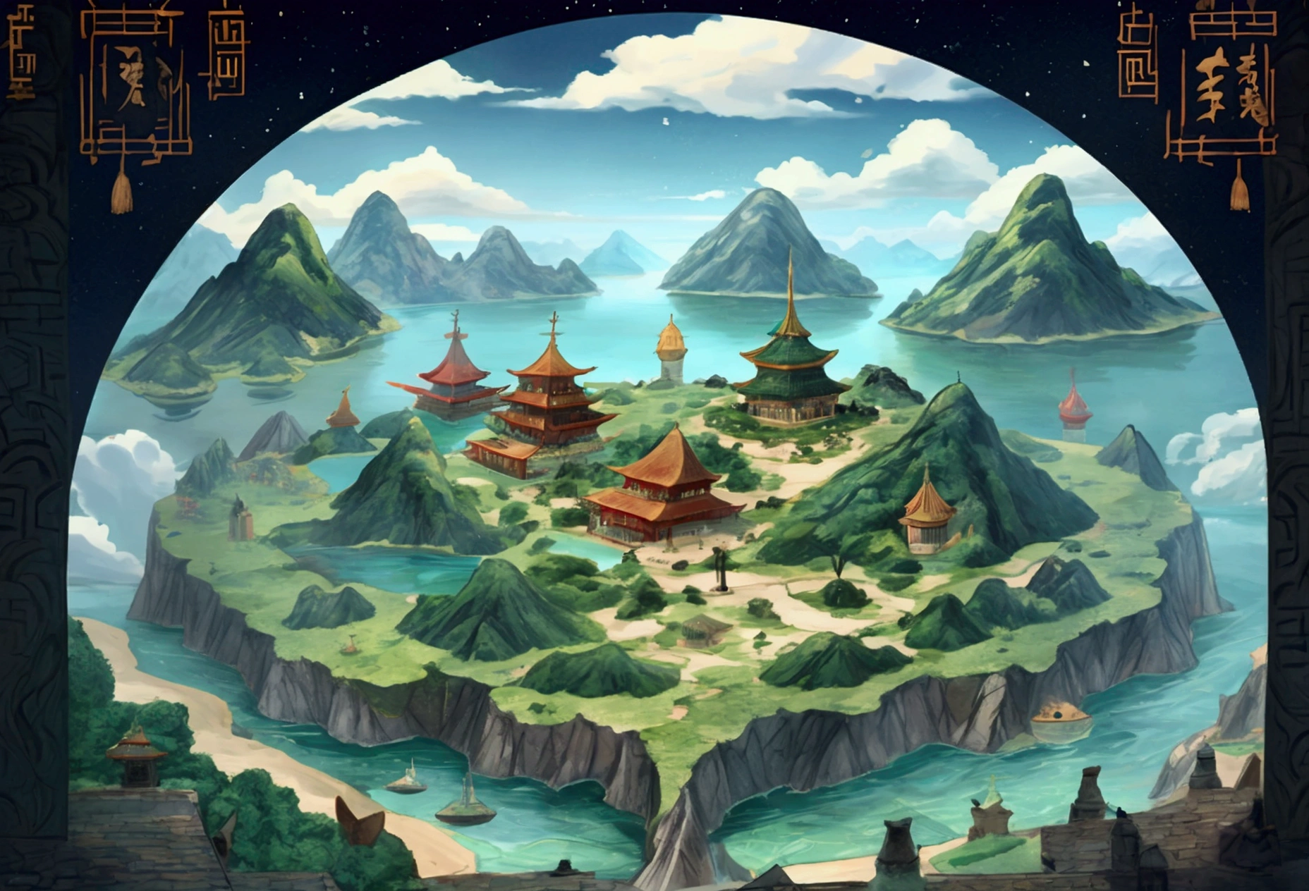map, 幻想大陆的map, 摄像机鸟瞰map, (The upper left corner is black fog,A Land of Ice and Fire in the Mist),(In the middle is an ancient Chinese academy),(In the upper right corner is a separate island,Shrouded by the starry sky all year round), (The lower left corner is a separate dark green island,The island has black rocks and a slimy dark green substance.),(The above is a gangster country with three gangs), (There are a group of floating islands in the sky, There is a small castle on the island), (There is a wasteland, There is a village on the ground),(在绿色草原There is a village,It is Chinese style), (There is a village,Sunshine all year round,It's a place of eternal daylight), (There is a chaotic area,Covered by dark clouds all year round), (There is a large lake in the land connecting all parts of the world,There are warships, an island and some sea monsters in the lake.,There are buildings on the island)