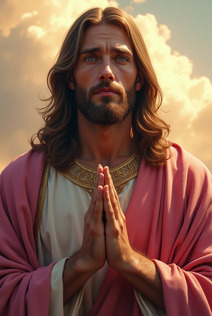 Perfect hand 5 finger, Portrait of a handsome Jesus Christ with tears in his eyes wearing pink clothes of king in the clouds, Jesus Christ, real blue eyes, real crying eyes, sunny day, intricate details.real Jesus Christ, straight head face, Straight body. Flowing tears in his eyes, perfect full body,  perfect hands finger,Prayer Jesus Christ, praying Jesus Christ backgrounds natural photographic