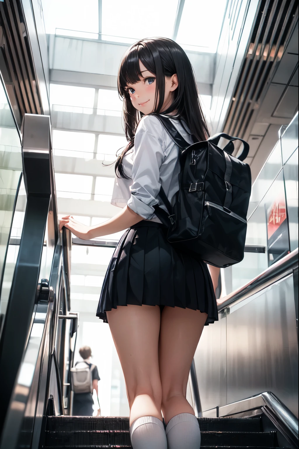 very cute and beautiful girl,(highly detailed beautiful face and eyes),(shy smile:1.2),blush,looking at viewer,
black hair,serafuku,(pleated navyblue mini skirt),standing,exposing thighs,holding school bag,
(looking back,from behind),(ascending escalator,from below:1.2),station,building,
(best quality,masterpiece),absurdres,highres,ultra-detailed,extremely detailed,32k,8k resolution,
intricate details,cinematic scene,detailed background,solo,dynamic angle,